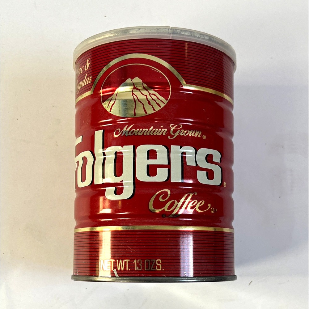 Vtg Folgers Mountain Grown Coffee Tin Can Perc & Regular 13 oz Red Gold White